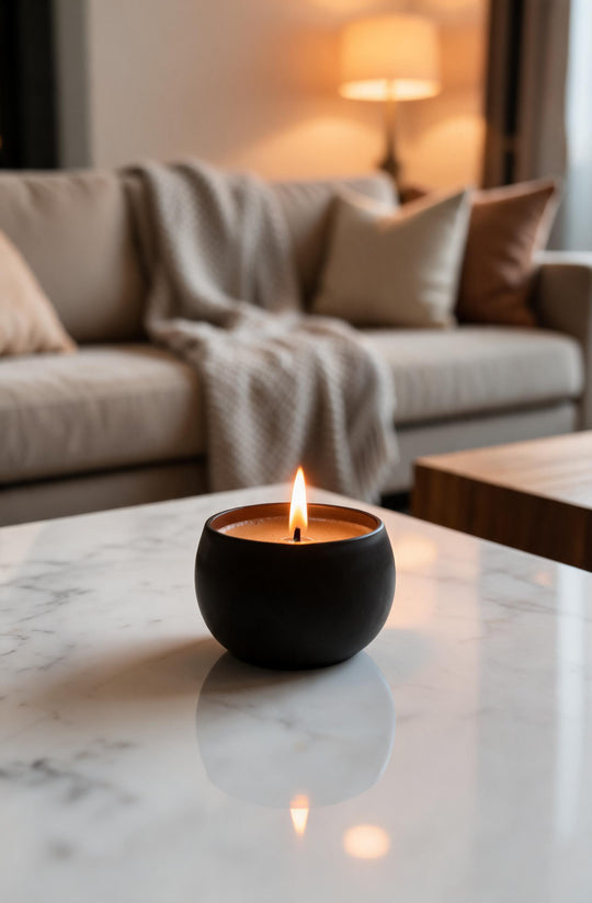 Lit chocolate scented candle on a marble coffee table in a cozy living room