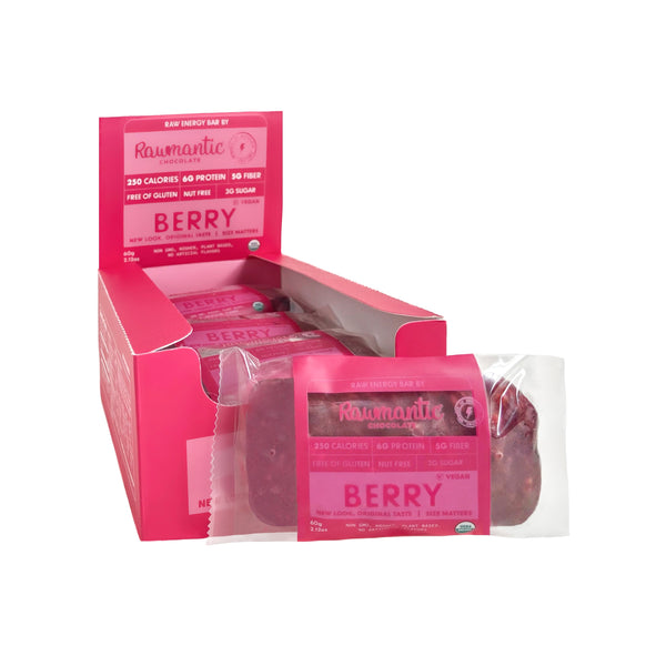 Display box of Rawmantic mixed berry vegan protein bars for Subscribe and Save