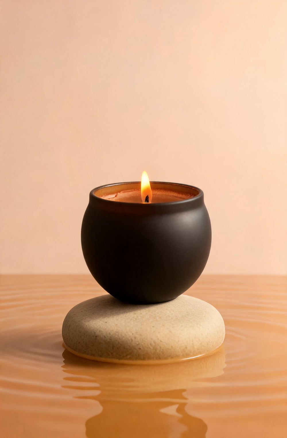 Chocolate scented candle in a black pot on a stone in warm peach light