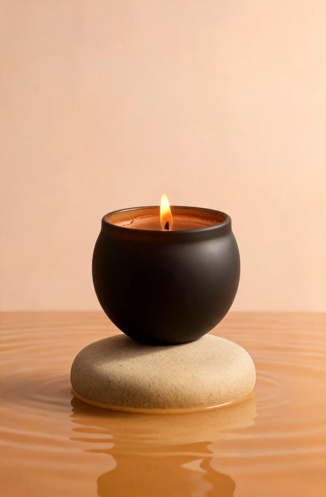 Chocolate scented candle in a black pot on a stone in warm peach light