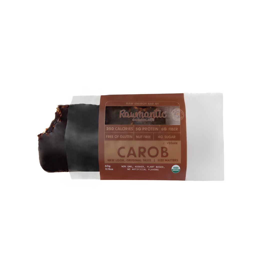 Carob vegan protein bar partially unwrapped from its Rawmantic wrapper