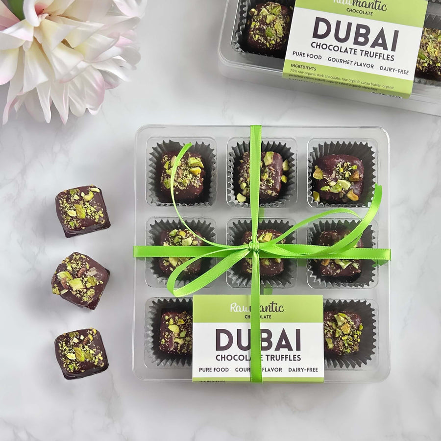 Dubai chocolate truffle gift set with green ribbon and loose truffles