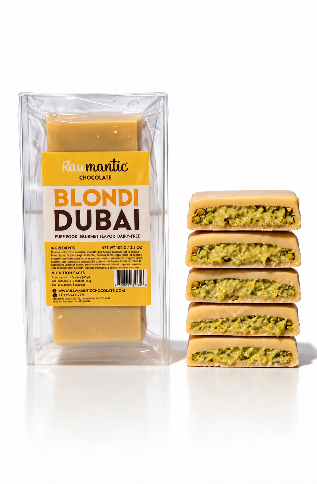 Blondi Dubai vegan white chocolate bar with pistachio knafeh, next to stacked pieces showing the green filling