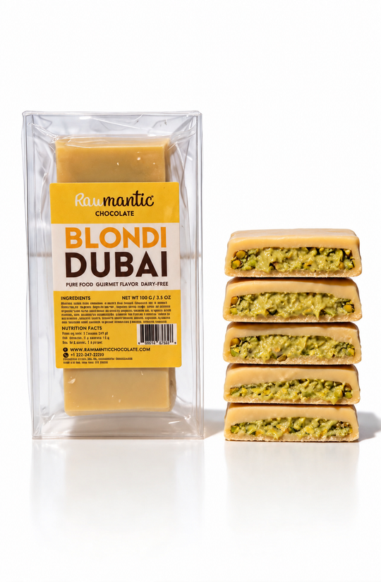Blondi Dubai vegan white chocolate bar with pistachio knafeh, next to stacked pieces showing the green filling