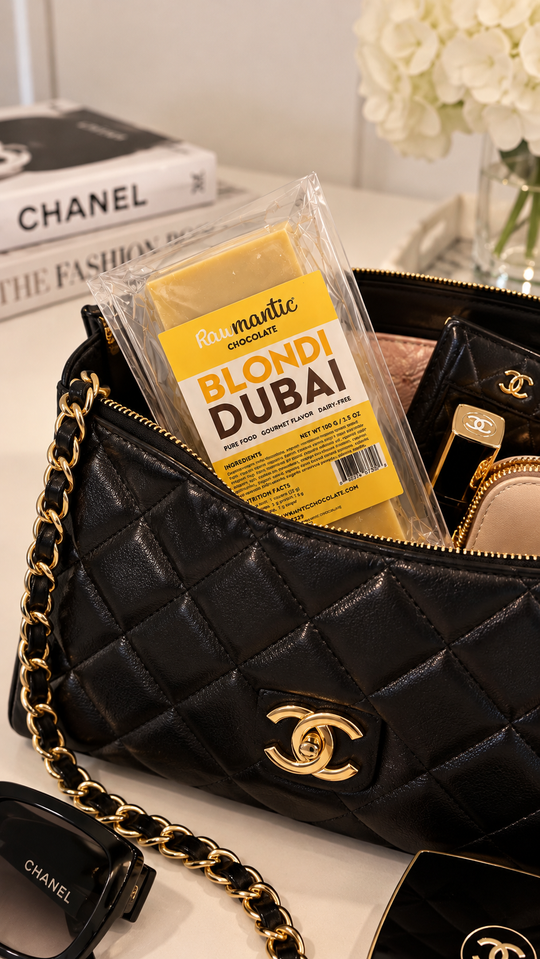 Blondi Dubai white chocolate bar in a black handbag