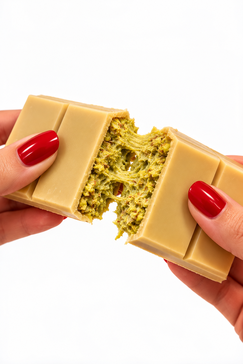 Blondi Dubai white chocolate bar pulled apart to show the pistachio and kataifi filling