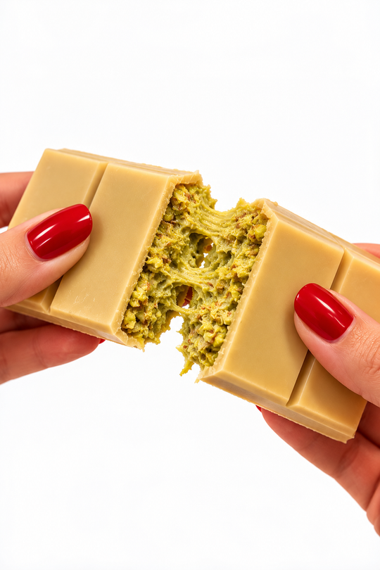 Blondi Dubai white chocolate bar pulled apart to show the pistachio and kataifi filling