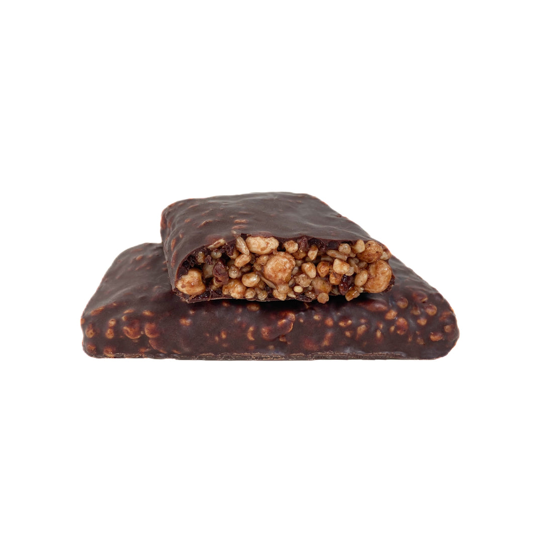 Dark raw chocolate vegan protein bar cut open showing the crunchy seed center