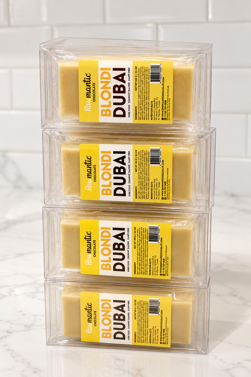Four stacked Blondi Dubai white chocolate bars