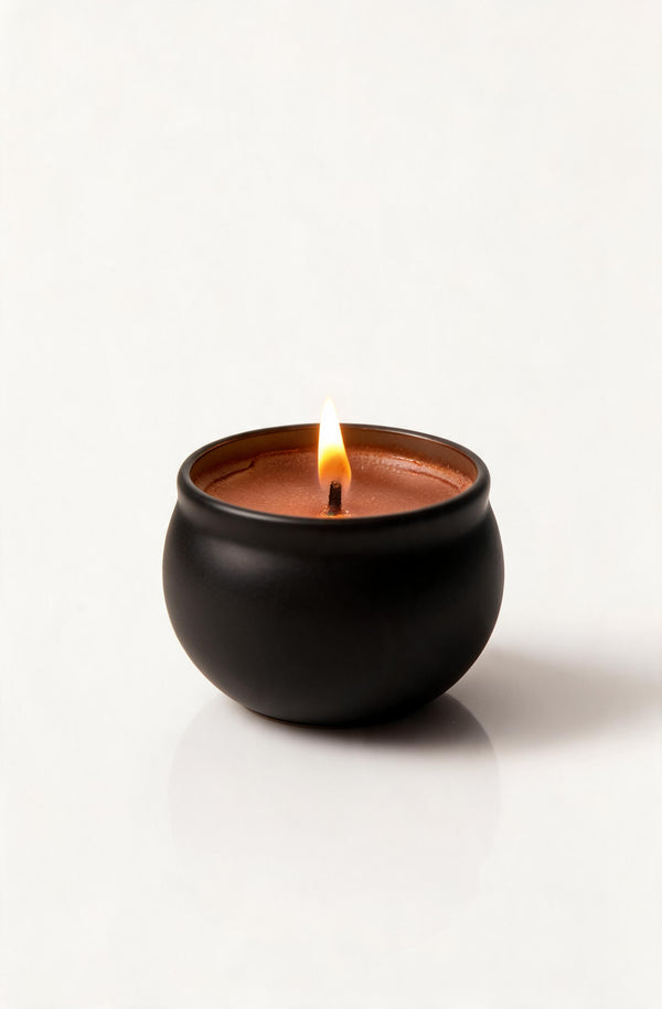 Rawmantic chocolate scented candle lit in a round black pot