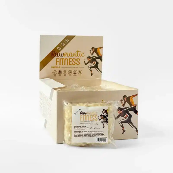 Box of Rawmantic Fitness sugar-free vanilla mini protein bars
