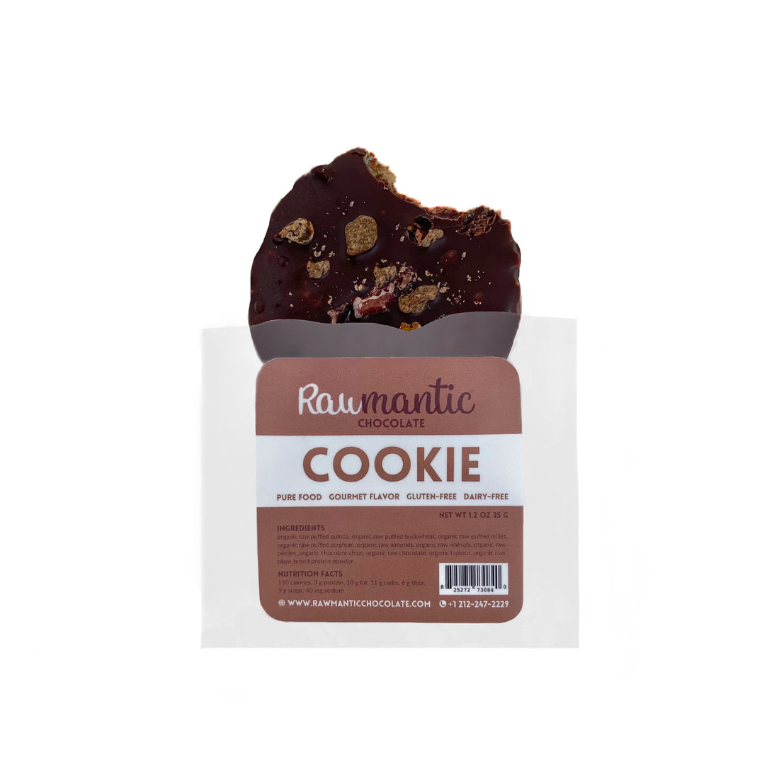 Rawmantic dehydrated vegan chocolate chip cookie partially unwrapped