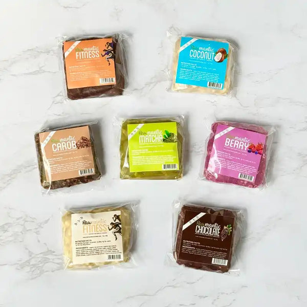 Seven Rawmantic mini protein bars in the multi-serve variety trial pack