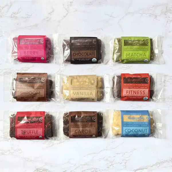 Rawmantic multi-serve variety pack of vegan protein bars in nine flavors